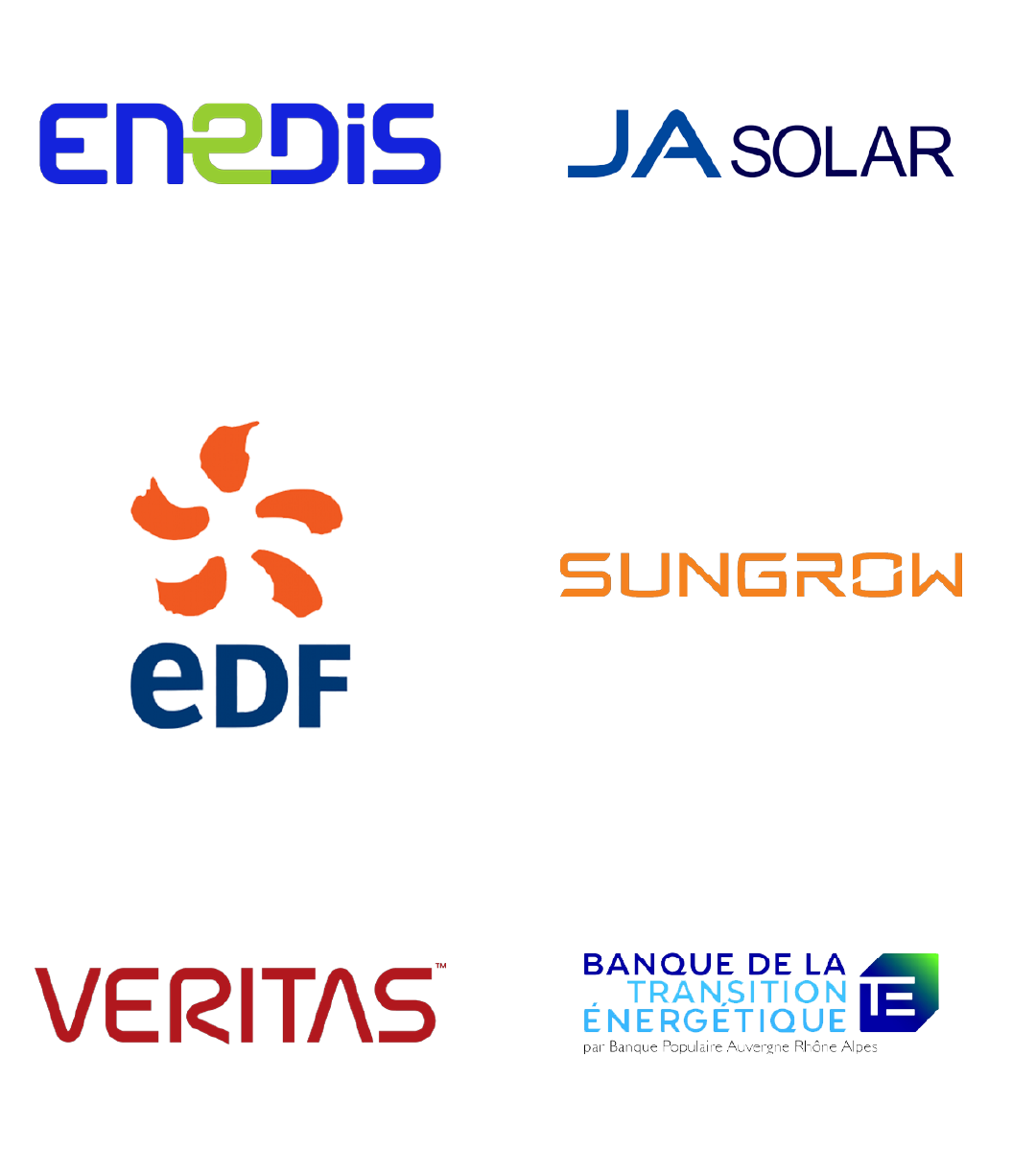 2025_06_04 LogosPartenairesMobile Logos des partenaires : Socotec, Enedis, JA Solar, EDF, Sungrow, Veritas et Banque de la Transition Énergétique.
